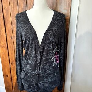 Fox Racing Y2K Skull Tattoo Print Button Up Pockets Cardigan Small 90s 00’s -EUC